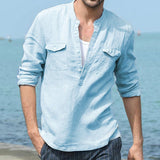 Chemise de couleur unie décontractée à manches longues en lin pour hommes