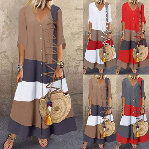 Robe Longue Imprimée Á Manches Courtes Et Col En V