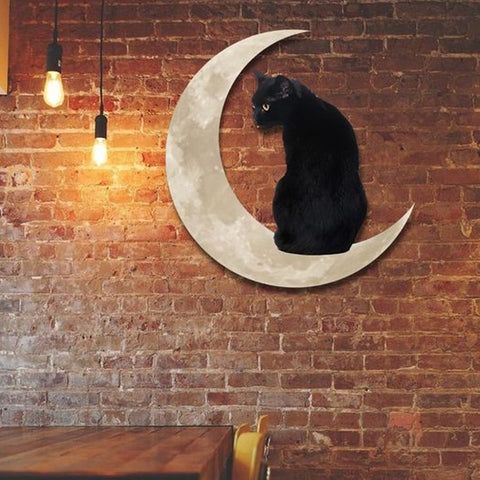 Enseigne en Métal Suspendue Chat Noir Lune