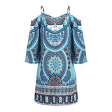 Robe bleue imprimée à épaules dénudées