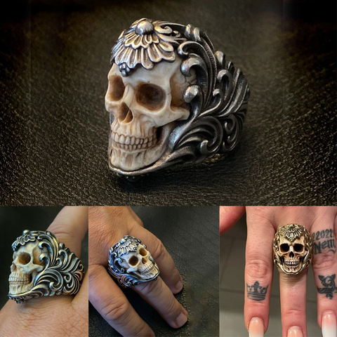 Bague tête de mort en bois de cerf à armure florale polonaise vintage