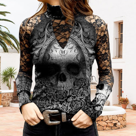 T-shirt en dentelle à imprimé tête de mort
