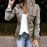 Veste en jean plissée à col à revers de couleur unie