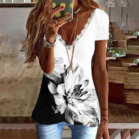 T-shirt imprimé à col en V en faux coton