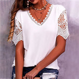 T-shirt Á Manches Courtes Et Col En V Ample En Dentelle Pour Femmes