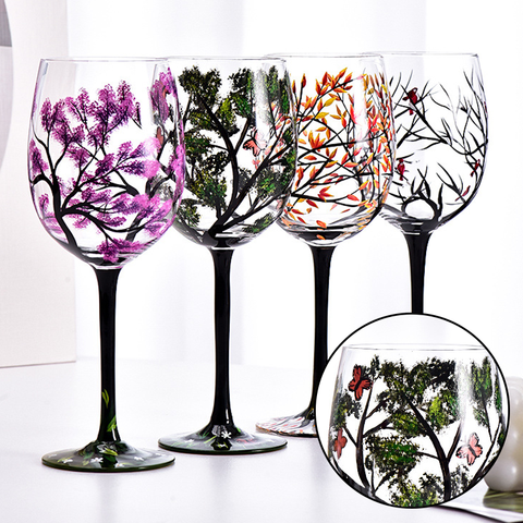 Verres à vin Arbre des Quatre Saisons - Art Peint à la Main