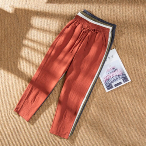Pantalon Droit Décontracté à Taille Élastique en Coton et Lin pour Femmes