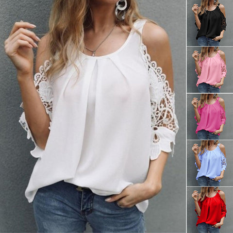 T-shirt uni en dentelle à épaules dénudées