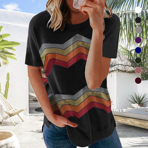 T-shirt décontracté à manches courtes à rayures pour femmes