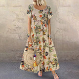 Robe Á Col Rond Á Manches Courtes Et Imprimé Floral En Coton Et Lin Vintage