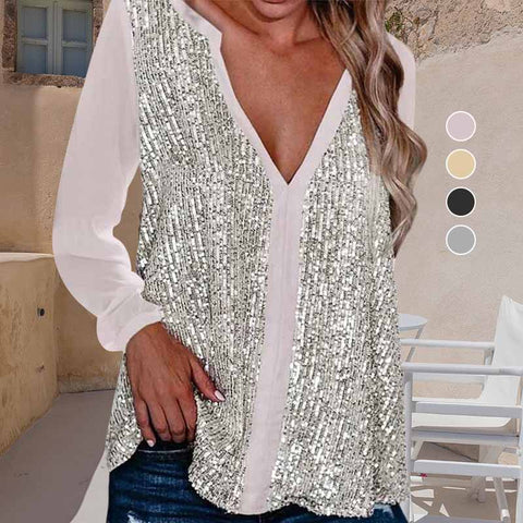 Chemisier manches longues col V à sequins