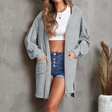 Cardigan à manches longues de couleur unie à capuche avec poche longue