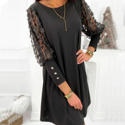 Robe Unie à Col Rond et Manches Bouffantes