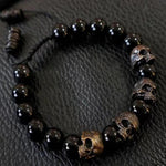 Bracelet de Perles d'Onyx de l'Armée du Crâne en Argent Sterling