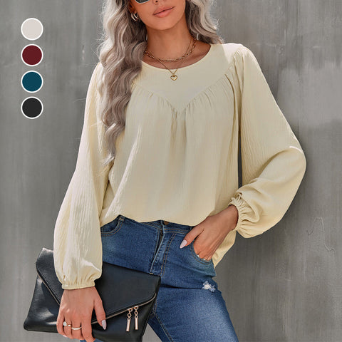 Chemisier uni à manches bouffantes et encolure ronde