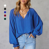 Chemise Décontractée en Mousseline de Soie à Manches Longues et à Col en V