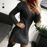 Robe Midi à Manches Longues Col en V Fendue