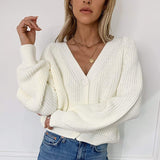 Pull en Tricot Boutonné à Manches Bouffantes et Col en V de Couleur Unie