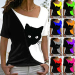T-shirt chat noir à encolure diagonale