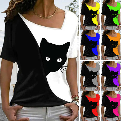 T-shirt chat noir à encolure diagonale
