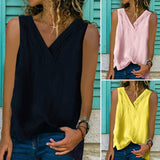 Gilet sans manches col V uni en coton et lin