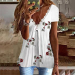 T-shirt imprimé à col en V en faux coton