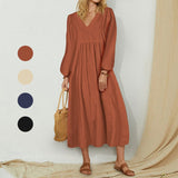 Robe à manches ballon ample en coton et lin pour femmes