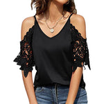 T-shirt en dentelle à col V et épaules dénudées