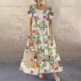 Robe Á Col Rond Á Manches Courtes Et Imprimé Floral En Coton Et Lin Vintage