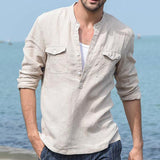 Chemise de couleur unie décontractée à manches longues en lin pour hommes