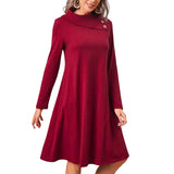 Robe de Noël de Couleur Unie avec Des Boutons Élégants