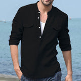 Chemise de couleur unie décontractée à manches longues en lin pour hommes