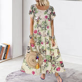 Robe Á Col Rond Á Manches Courtes Et Imprimé Floral En Coton Et Lin Vintage