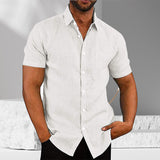 Chemise boutonnée à manches courtes en lin de couleur unie pour hommes