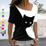 T-shirt chat noir à encolure diagonale