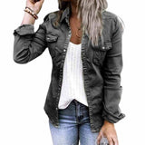 Veste en jean plissée à col à revers de couleur unie