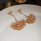 Boucles d'oreilles feuille de ginkgo en forme d'éventail en cristal incrusté de diamants