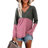 T-shirt décontracté à manches longues et col en V de couleur contrastée