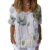 T-shirt En Coton Et Lin à Manches Courtes Et Col Rond à Fleurs Daisy