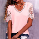 T-shirt Á Manches Courtes Et Col En V Ample En Dentelle Pour Femmes