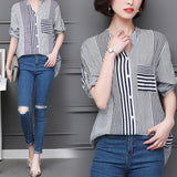 Chemisier à rayures et col montant à manches 3/4