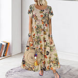 Robe Á Col Rond Á Manches Courtes Et Imprimé Floral En Coton Et Lin Vintage