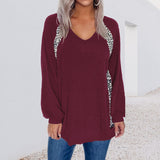 Pull Ample à Col en V et Coutures à Imprimé Léopard