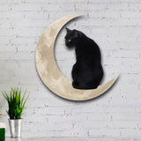 Enseigne en Métal Suspendue Chat Noir Lune