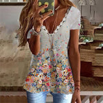 T-shirt imprimé à col en V en faux coton