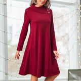 Robe de Noël de Couleur Unie avec Des Boutons Élégants