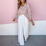 Chemise Décontractée à Manches Longues et Col en V à Fleurs