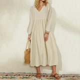 Robe à manches ballon ample en coton et lin pour femmes