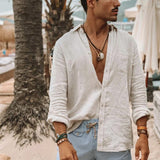 Chemise à Manches Longues Ample en Coton et Lin de Couleur Unie pour Hommes