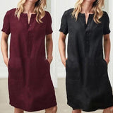 Robe ample en coton lin à manches courtes et col montant